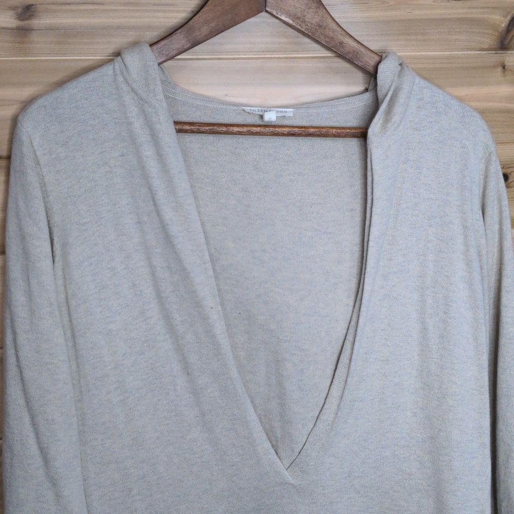 Eileen Fisher Deep V-neck Hooded Sweater Cashmere Blend, Pale Beige, Small/M - Picture 2 of 8